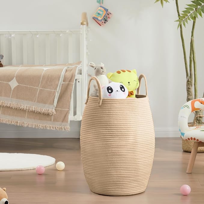 Large Laundry Hamper Basket 65L Woven Blanket Basket, Brown | Tall Clothes Hamper, Rope Wicker Laundry Basket, Storage Basket for Toys, Dirty Cothes in Bedroom, Living Room Organizer