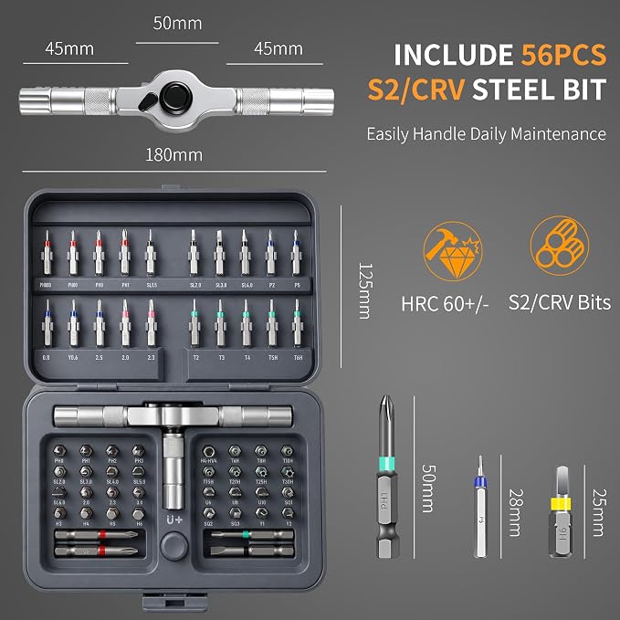 60 in 1 Magnetic Ratchet Screwdriver Set with Detachable T-Handle | S2 Steel Multi-Bit with Case,Portable Compact Repair Tools Kit,for Furniture assembly,electronics repair,DIY,Idea for Men