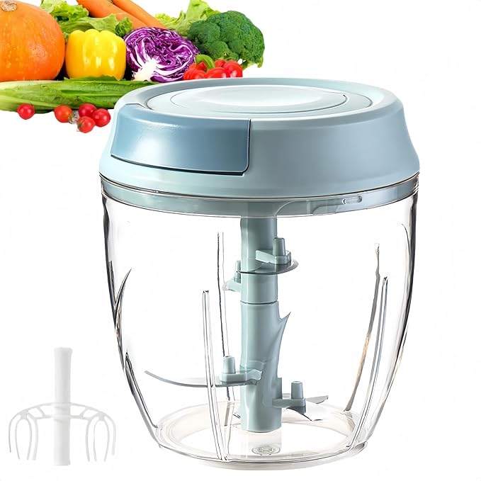 Manual Food Processor, Garlic Mincer Hand Cutter, Vegetable Chopper for Kitchen Gadgets, Hand Pull String onion chopper for Veggies, Ginger, Fruits, Nuts, Herbs, etc, 1000ML (blue)