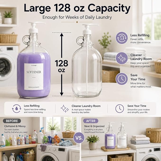 2 Pack Glass Laundry Detergent Dispensers, 128 oz One Gallon Bottles | Large Capacity Glass Bottles with Pumps, Labels, Funnels and Measuring Cups for Laundry Detergent and Fabric Softener.
