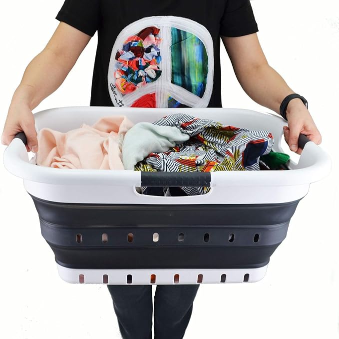 SAMMART 41L (10.8 gallon) Set of 2 Collapsible 3 Handled Plastic Laundry Basket-Foldable Pop Up Storage Container/Organizer-Space Saving Hamper/Basket (2, Black)