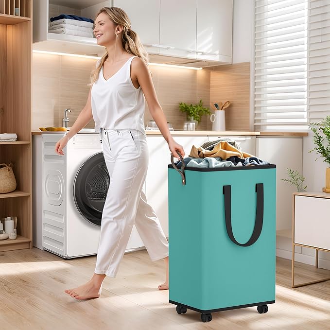 SpaceTrove Rolling Laundry Basket with Wheels, Laundry Hamper, 80L, Green | Collapsible, 4 detachable wheels including 2 with brakes, sturdy handle, metal frame, for dorms, bathrooms and bedrooms