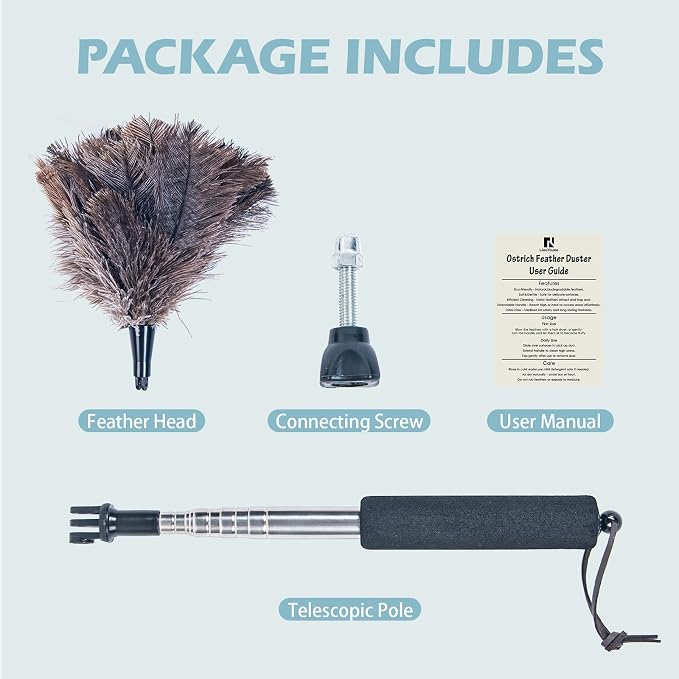 Feather Duster Extendable 22–47 Inch, Natural Ostrich Feather Duster with Long Handle for High Ceilings, Ceiling Fans, Walls，Furniture(Brown)