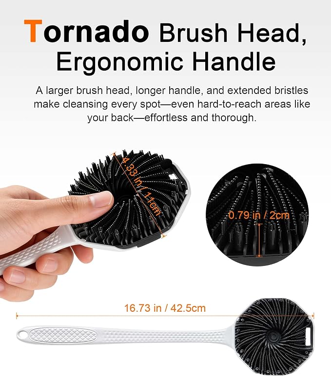 Back Scrubber for Shower, 2 Pack Long-Handled Silicone Shower Brush for Man, Body Brush with Stiff and Soft Bristles for Body Exfoliation and Massage, (Black+Pink)