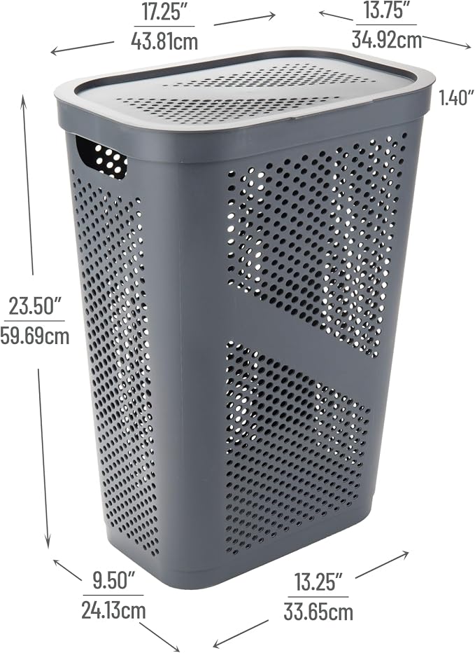 Mind Reader 60L Slim Laundry Hamper, Clothes Basket, Lid, Ventilated, Plastic, Set of 2, Gray