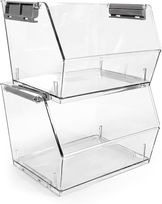 HOMESTEAD Set of 2 Small Stackable Storage Bins, Clear Plastic Organizer Bins, Open Front Design for Kitchen Pantry, Fridge, Cabinet, Bathroom and Snack Organization