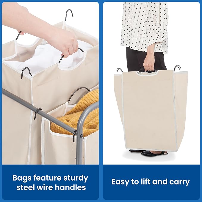STORAGE MANIAC Laundry Sorter 2 Section, 90 L Gal Laundry Hamper with Wheels, Clothes Basket Separator Sorter, 2 Bag Cart and Removable Bags for Closet, Dorm, Collage, Beige