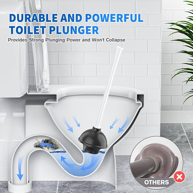 LOVLOY Toilet Plunger and Brush, Bowl Brush and Heavy Duty Toilet Plunger Set with Ventilated Holder, 2-in-1 Toilet Brush and Plunger Combo for 5.3-inch Toilet Drain Bathroom Cleaning (White)