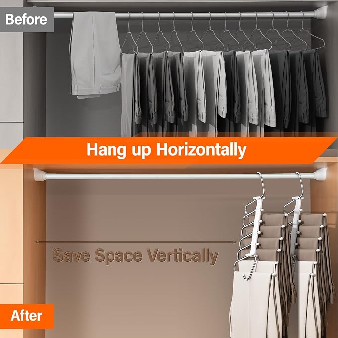 Upgraded Collapsible Pants Hangers Space Saving, 6 Layers Clothes Rack, Stainless Steel Multifunctional Closet Organizer, Non Slip Metal Hangers for Pants Jeans Skirts Trousers (4 Pack)