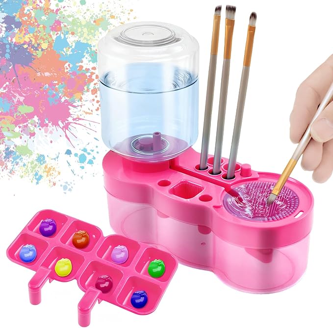 Paint Brush Cleaner for Kids Water Circulation Paint Brush with Drain Paint Water Dispenser with Palette Brush Holder Paint Brush Washer for Acrylic Painting Watercolor Art Supplies（Pinkpurple）