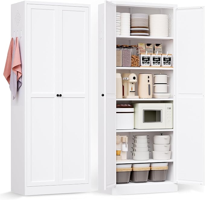 AQY 72" Pantry Cabinet, White Freestanding Storage Cabinet with 5 Adjustable Shelves, Metal Pantry Cupboard with Ventilation Design & Hanging Hooks, 2-Door Kitchen Organizer for Living Room Kitchen