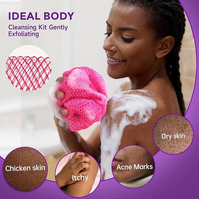 2 Pieces African Net Sponge Authentic, Durable Back Scrubber Washcloth for Shower, Exfoliating Net Sponge for All Skin, Bathing Accessories for Women (2 Pack (Pink and Purple))