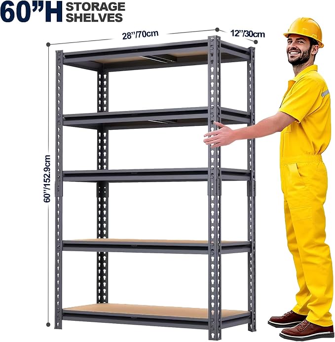 Garage Shelving, 2400 LBS Metal Storage Shelves, 12" x 28'' x 60'' Heavy Duty Shelf, Adjustable Shelving Rack, Standing Shelf Units, Shelves for Garage Storage