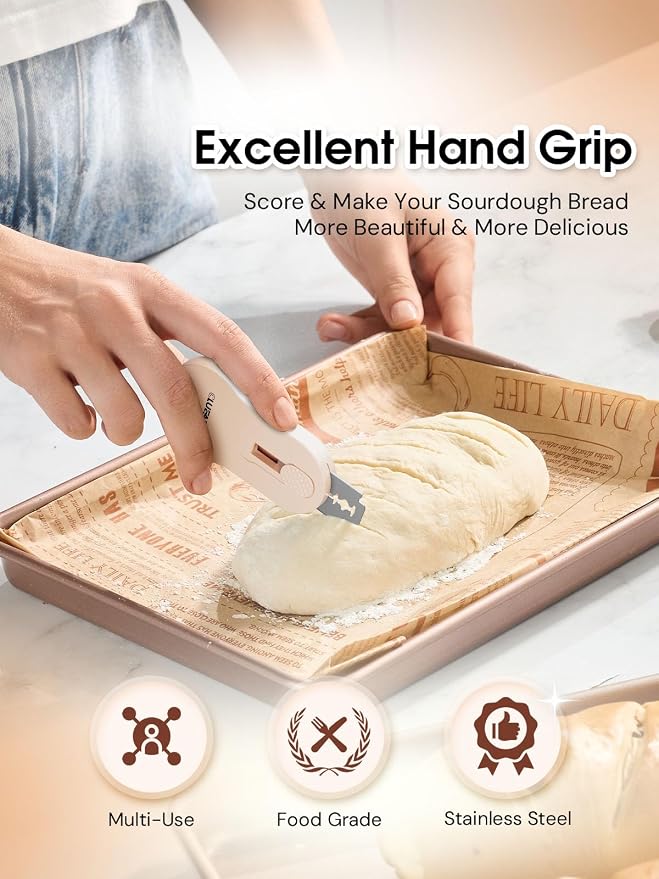 Bread Lame Dough Scoring Tool with Extractable & Magnetic - Bread Knife Sourdough Scoring Tool - Sourdough Bread Baking Supplies - Scoring Patterns Booklet Includes 5 Bread Razor Blades (Cream)