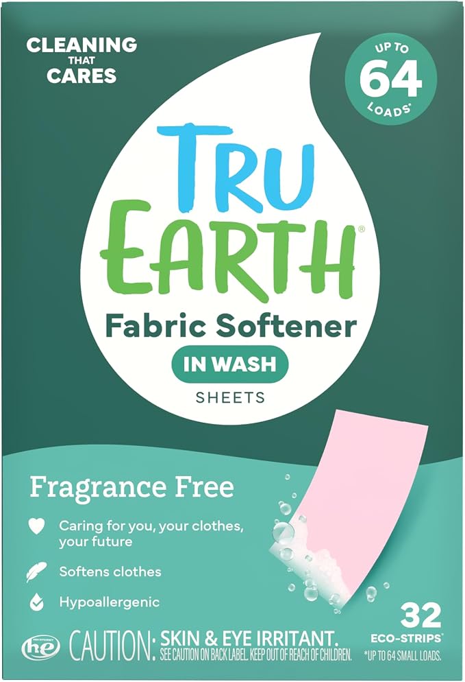 Tru Earth Fabric Softener Strips for Washing Machine, Alternative to Fabric Softener Liquid and Pods, Unscented Fragrance Free, Up to 64 Loads Per 32-Count