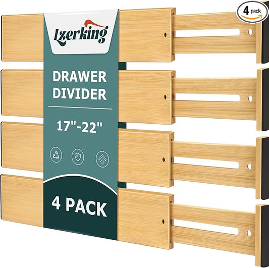 Lzerking Kitchen Drawer Dividers 4 Pack Adjustable Bamboo Drawer Organizer | 17-22" Adjustable, Spring Loaded, Expandable Utensil Organizer, Works in Kitchen, Dresser, Bathroom, Bedroom, Closet