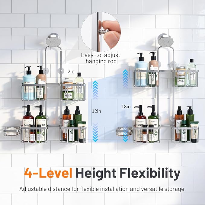 Luxspire Shower Caddy Hanging over Shower Head,Rustproof Adjustable Shower Rack Hanging No Drill,Thickened Stainless Steel Shower Organizer and Storage for Inside Shower with Hook Soap Holder,Silver
