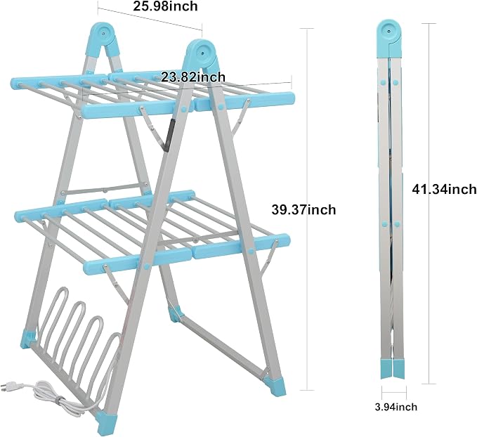Electric Heated Clothes Drying Rack,Foldable Heated Garment Dryer with Timer Shut-Off Laundry Rack for Clothes Shoes Socks,Aluminum Alloy,Blue,Plug & Play,(39.37x25.98x23.82in)