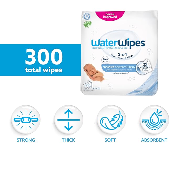 WaterWipes Sensitive+ Newborn & Baby Wipes, 3-In-1 Cleans, Cares, Protects, 99.9% Water, Unscented & Hypoallergenic, 900 Count (15 Packs)