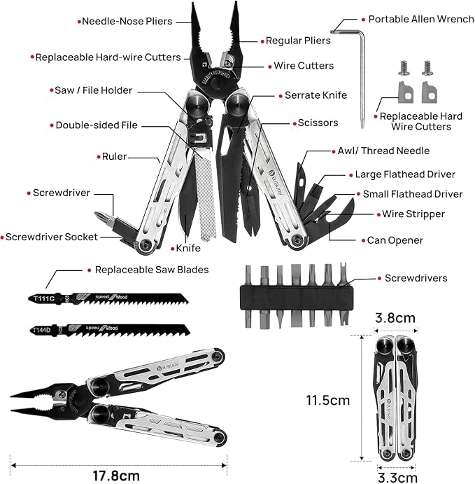BIBURY 31-in-1 Multitool Pliers Pro BI2045,EDC Pocket Knife & Scissors | Stainless Steel Multi Tool with Replaceable Wire Cutters, Saw, Screwdriver, Ideal for Camping,Survival,Repair, Gifts for Men
