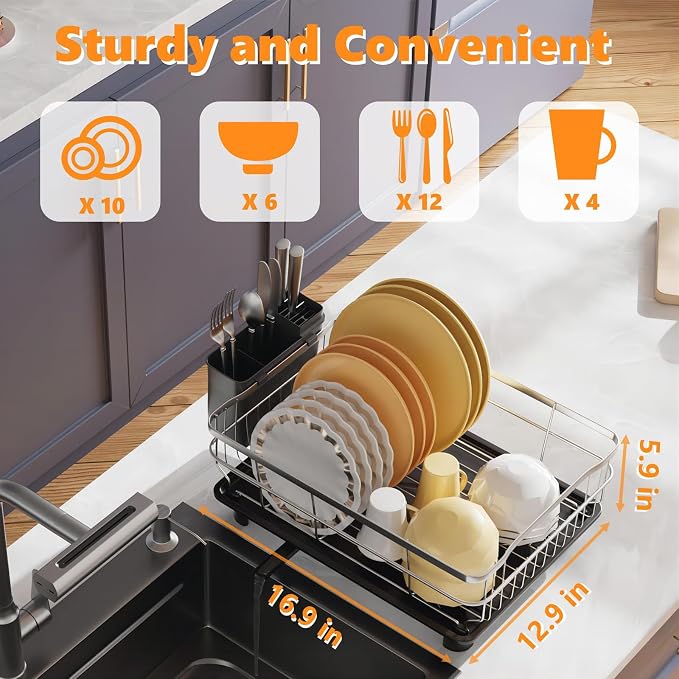AIDERLY Stainless Steel Dish Drying Rack Dish Drainer, Black | Extendable Drain Spout, Utensil Holder, Knife Slots, Compact for Kitchen Counter
