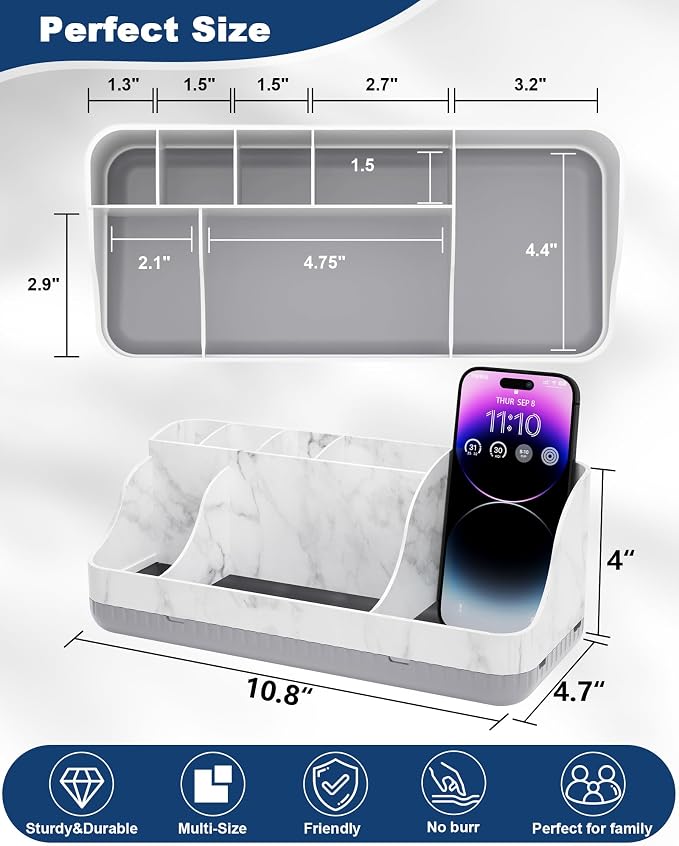 Bathroom Counter Organizer and Storage with 2 Pack Qtip Holder Dispenser, 7 Slots Detachable Toothbrush Holders for Bathrooms, Anti-Slip Electric Toothbrush and Toothpaste Holder Countertop