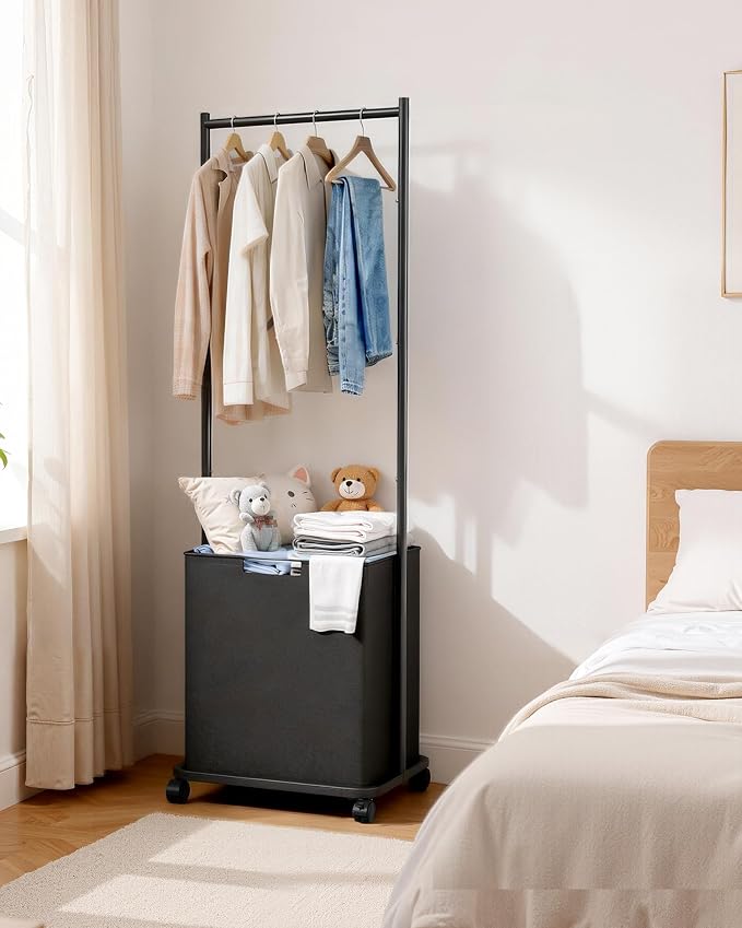 Clothes Rack - Space-Saving Clothing Rack for Hanging Clothes with Removable Laundry Basket, Reinforced Metal Garment Hanger with Wheels, Laundry Cart for Laundry, bathroom, 16.6"x12.6"x68.9", Black