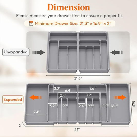 Lifewit Silverware Drawer Organizer, Expandable BPA Free Plastic Utensil Tray for Kitchen, Adjustable Flatware Cutlery Holder for Spoons Forks Knives, 21.3- 36 x 16.9", Gray