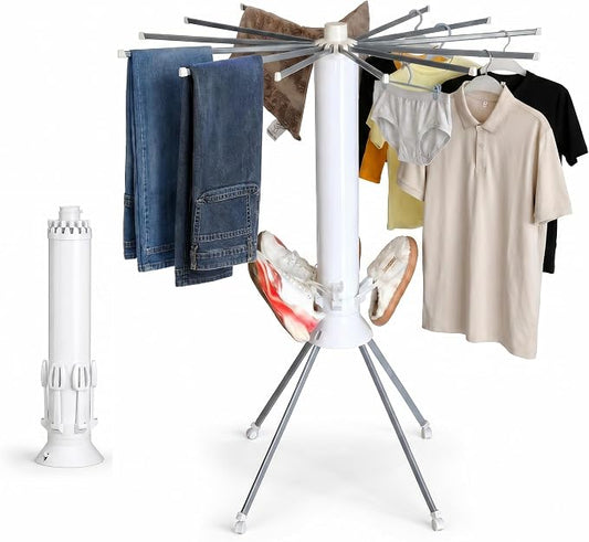 Clothes Drying Rack Foldable with Rolling Wheels, 4-Legged Portable Laundry Drying Rack with 360° Aluminum Arms, Freestanding Garment Drying Stand for Indoor Outdoor (Single-tier with shoe rack)