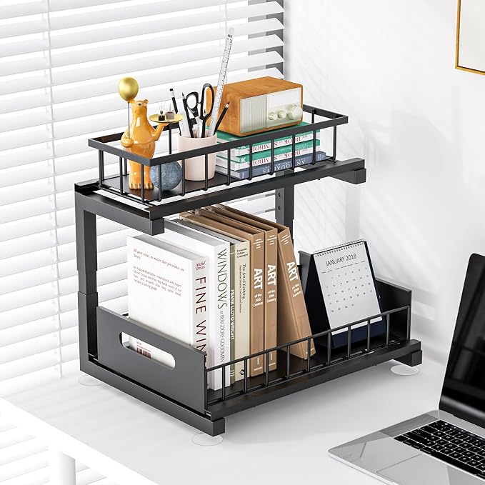 Under Sink Organizer, Heavy Duty Metal Pull Out Cabinet Organizer Slide Out Sink Shelf Organizer Height Adjustable, Multi-Purpose Storage Shelf for Kitchen Bathroom(Black,2Pack)