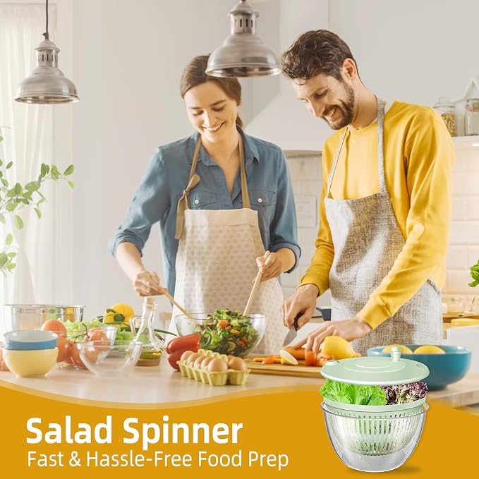 Large Capacity Multi-Function Salad Spinner with Quick Stop Button, Salad Spinner Stainless Steel, Salad Spinner Large, with 5 Blade Slicer Egg Yolk Strainer Shredder (White)
