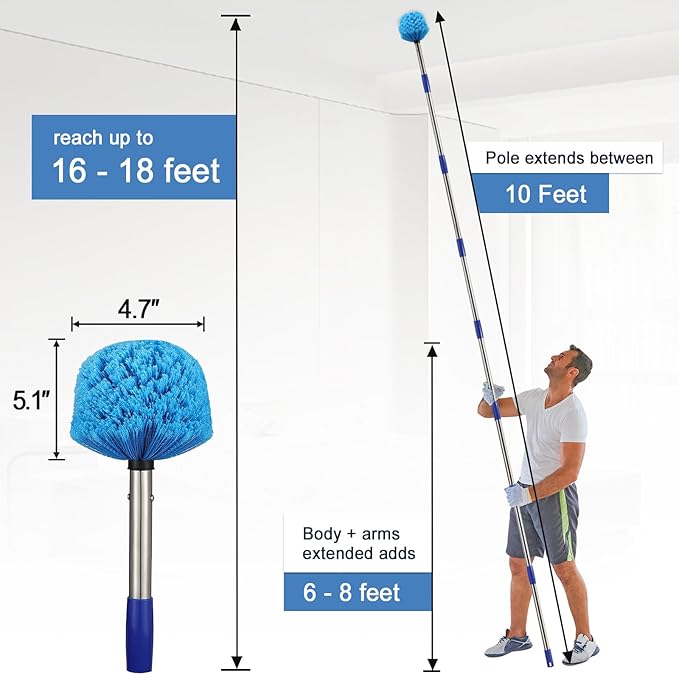 Cobweb Duster with Extension Pole - 10 FT Lightweight Stainless Steel Extendable Duster Ceiling Fan Duster for High Ceilings, Medium Stiff PET Bristle Spider Web Brush for Indoor/Outdoor Cleaning