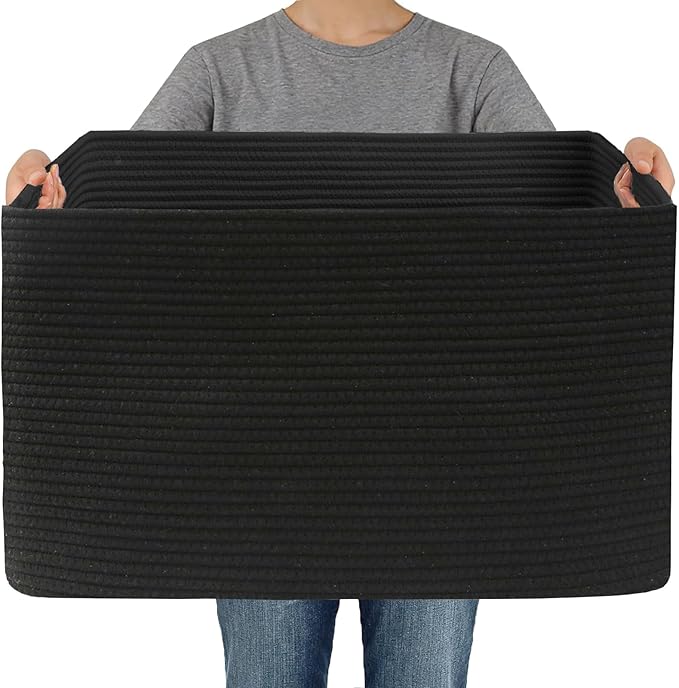 JMvicyroam 96L Large Woven Cotton Rope Blanket Basket, Black | Blanket storage for living room or bedroom use, Freestanding with reinforced handles, Entire basket is machine washable