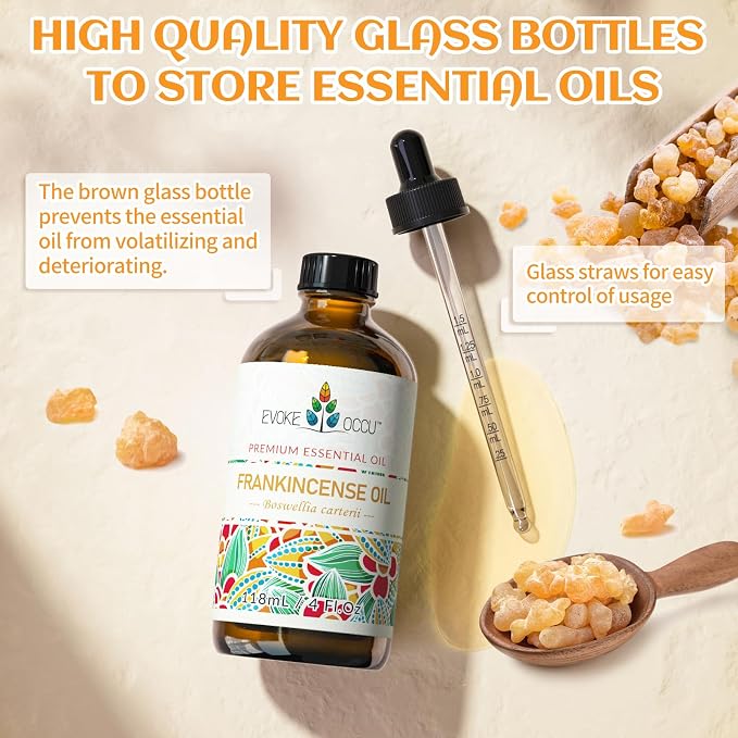 EVOKE OCCU Frankincense Essential Oil for Skin Care, Massage & Relaxation | Calming Fragrance Oil for Aromatherapy & DIY Projects, Blend With Facial Cream for Smoother Skin – 118mL / 4 fl oz