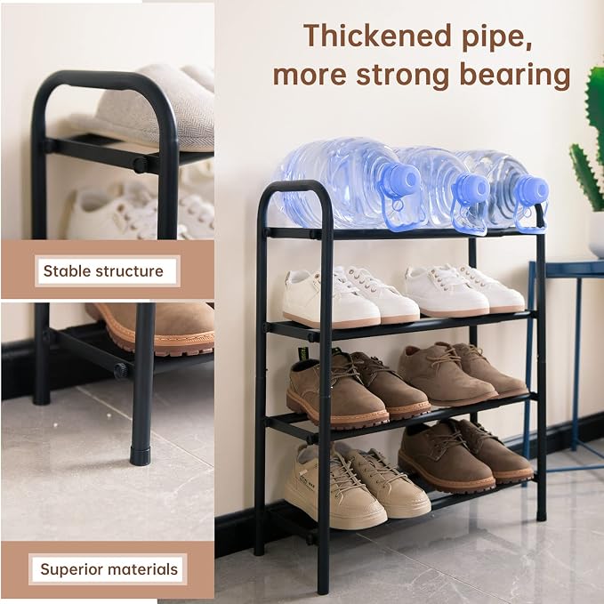 Gonfoam 4-Tier Expandable Shoe Rack,Adjustable Shoe Shelf Storage Organizer Heavy Duty Metal Free Standing Shoe Rack for Entryway Closet Doorway (Black) | Tool-Free Assembly, Metal Material, Adjustable Shoe Organizer, Sturdy, Small Space Solution, Dorm...