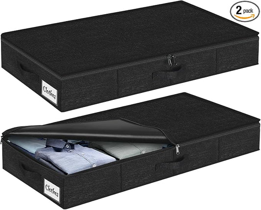 Under Bed Storage Container Bins 2 Pack, 5 Inch Thin Low Profile Underbed Clothes Storage Organizer for Dorm & Home, Use for Blanket and Toy Storage Box W/ Sturdy Bottom/Sides, Foldable Thick Fabric