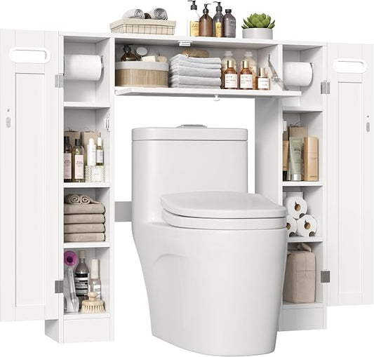 Keyluv Short Over The Toilet Storage Cabinet with Adjustable Shelves, 38.6" Low-Profile Over Toilet Bathroom Organizer with Built-in Paper Holder & Drop-Down Door for Small Bathroom, White