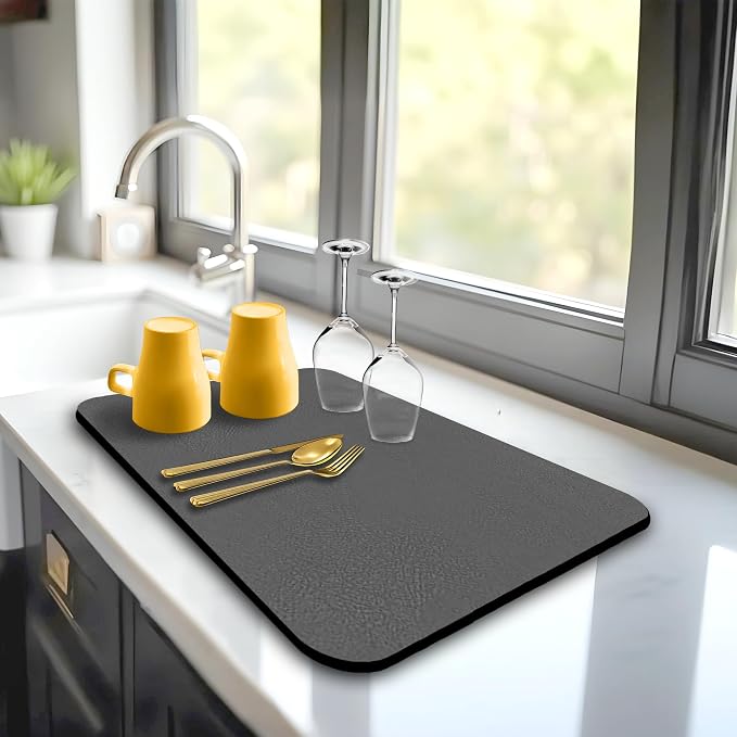 Dish Drying Mat Super Absorbent – 16" x 12" Coffee Mat for Countertops – Non-Slip Drying Mat for Kitchen Counter – Easy to Clean Water Absorbent Mat – Quick Dry Dish Drying Mats (Dark Gray)