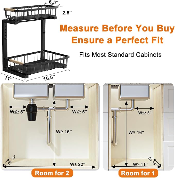REALINN Under Sink Organizer, 2 Pack Height Adjustable Under Sink Organizers and Storage, 2 Tier Pull Out Drawer Cabinet Storage for Kitchen Bathroom