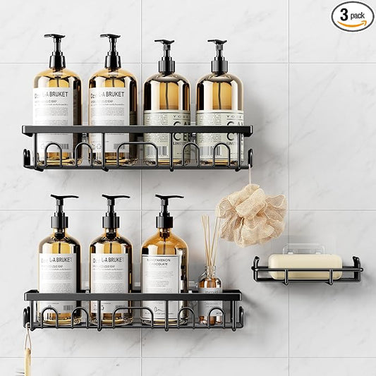 Shower Caddy, 3 Pack Shower Shelves for Inside Bathroom, Rustproof Adhesive Bathroom Organizer with Soap Holder, No Drilling Washroom Organizers and Storage for Bathtub Room/Kitchen/Home, Black