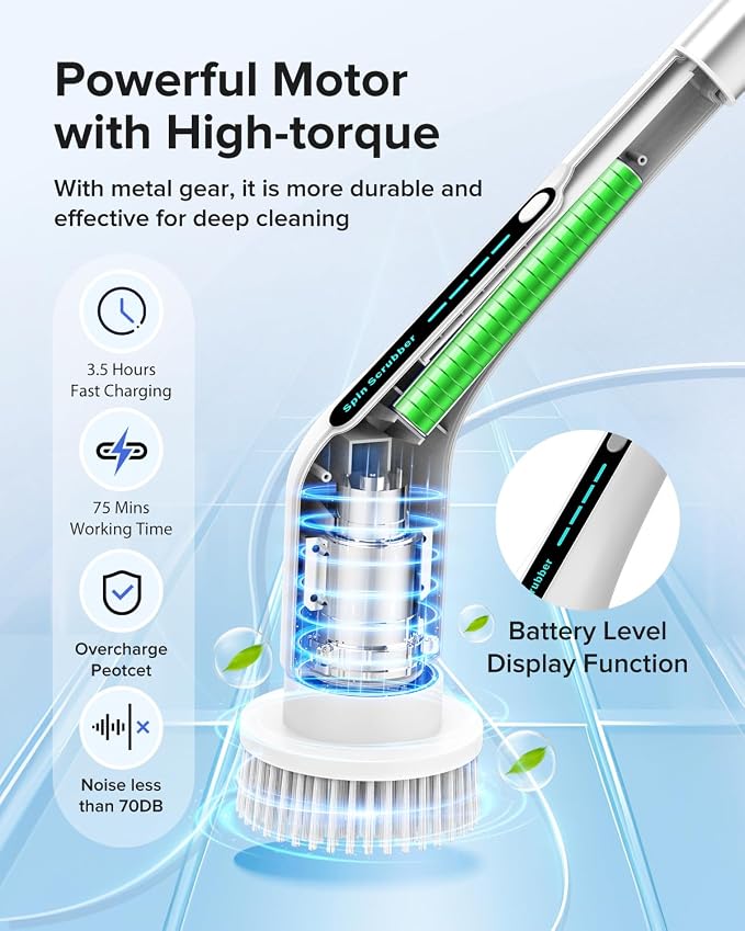 Electric Spin Scrubber, IPX7 Waterproof Cordless Shower Cleaner 2 Speeds 5 Replaceable Heads Adjustable Extension Handle for Bathroom,Toilet, Bathtub, Kitchen, Tile Floors