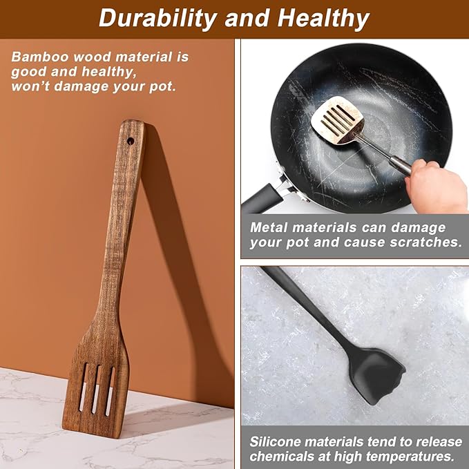Eisinly Wooden Spoons for Cooking 7-Piece, Kitchen Nonstick Wood Cooking Utensils Set, Durability Wooden Spatula Spoon for Everyday Use, Brown
