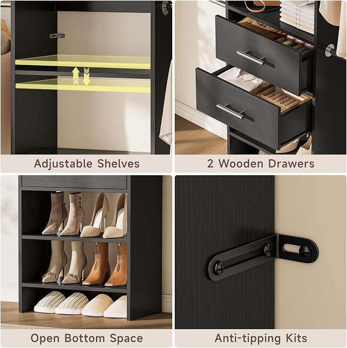 W2 Closet System with 2 Drawers, 3.5FT-7.7FT Closet Organizer System with 4 Chrome-Plated Telescopic Rods & 5 Adjustable Shelves, Custom Wood Walk-In Closet Clothing Rack, Black