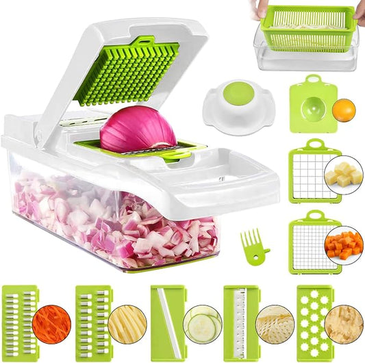 ADOV Mandoline Slicer for Kitchen, Vegetable Chopper with Container, 14 in 1 Multifunctional Food Chopper, 7 Blade Onion Cucumber Slicer Vegetable Cutter for Salad, Potato Essential Kitchen Gadgets