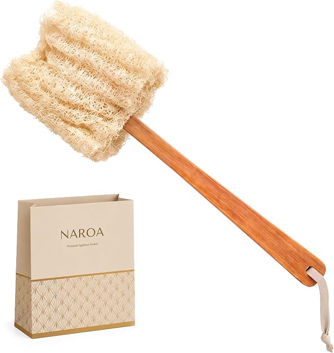 NAROA Natural Loofah with Handle | Back Scrubber for Shower | Exfoliating Bath Sponge on a Stick with Long Handle for Men and Women