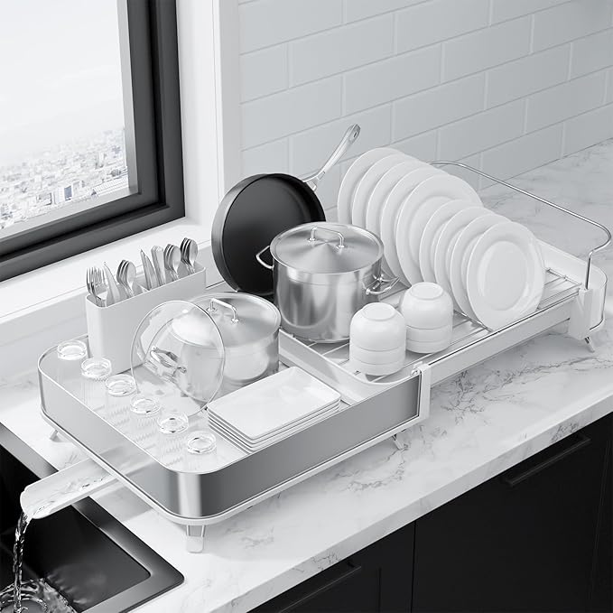 Kitsure Expandable Metal Dish Drying Rack, 16.1-26.6" L x 12.6" W, White | Dish Racks for Kitchen Counter, Auto-Drain Drying Rack for Kitchen, Cutlery Holder, Non-Slip Feet, Anti-fall Fence