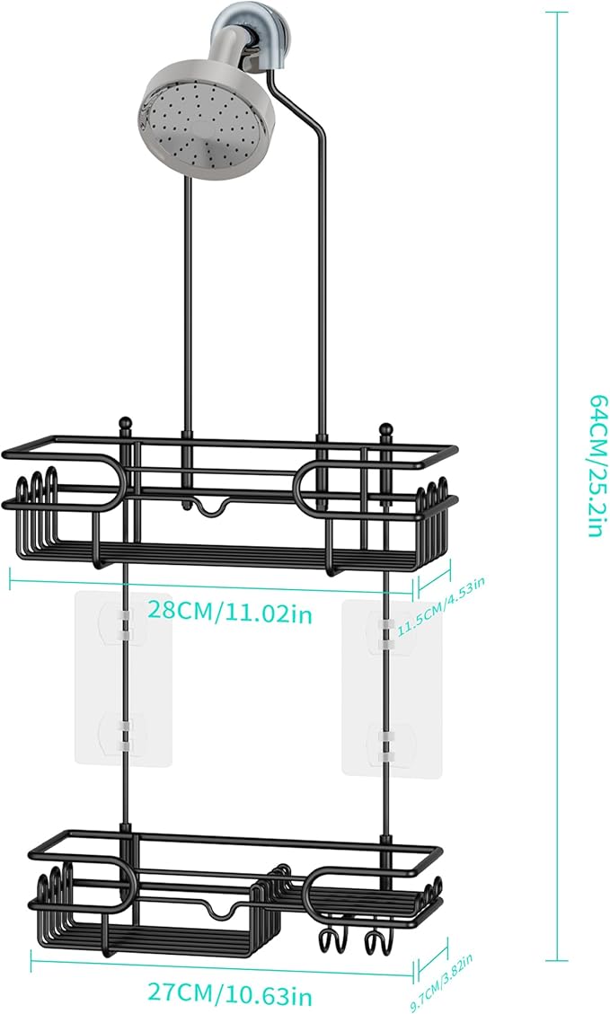 HapiRm Hanging Shower Caddy Organizer - Bathroom Organizer with 12 Hooks and Soap Holder, Rustproof Shower Shelf over Shower Head - Black