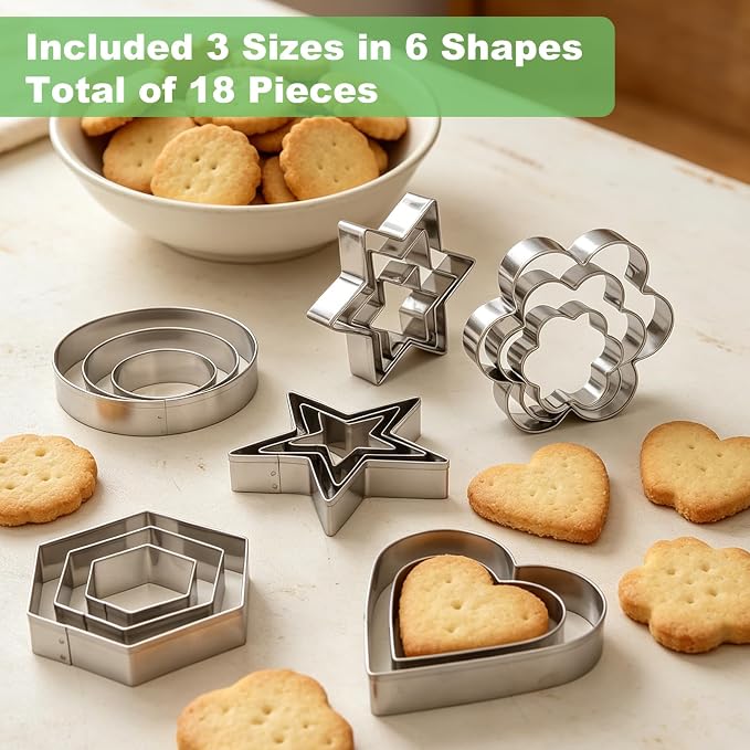 18Pcs Cookie Cutters Set,Stainless Steel Biscuit Cutter Shapes with Heart,Star, Flower, Round,Hexagon,Large Small Mini Sizes Variety Pack Cookie Molds for Baking,Sandwiches, Cake,Fruit,Veggie