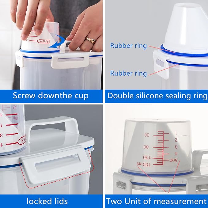 2 Pcs 5.5 LB Rice Storage Container, Airtight Cereal Flour Dispenser with Pouring Spout & Measuring Cup, Kitchen Plastic Clear Dry Food Storage Bin for Grain Oatmeal Snacks Pet Dog Food | BPA Free, Airtight Lid, See Through, with Pouring Spout, Dispens...