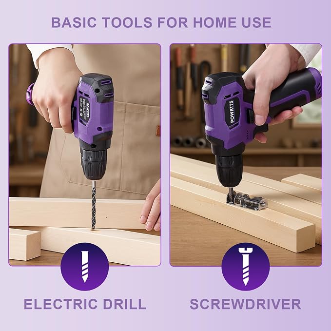 8V Cordless Drill, Purple Power Drill with Drill & Screw Bits Set, 3/8" Keyless Chuck, Rechargeable Electric Drill Tool Kit for Home Repairs, DIY Hand Tool,139PCS Tool Set for Women & Men